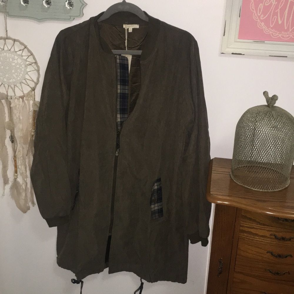 NEW Mystree Long Bomber Jacket L Olive Green Plaid Lined Collarless Utility Coat